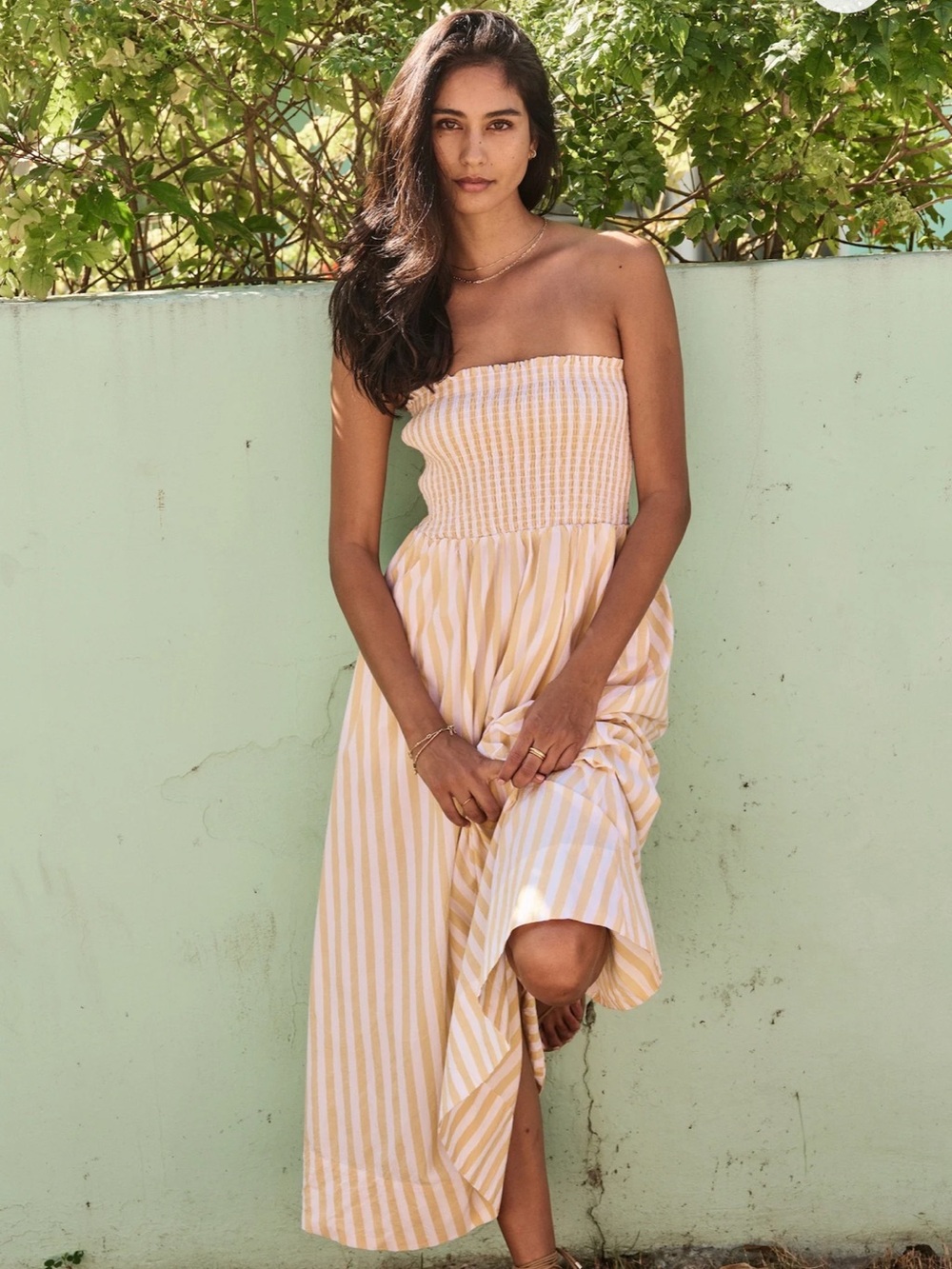 Marine Layer Sutton Strapless Maxi Dress Marigold Stripe MD NWOT